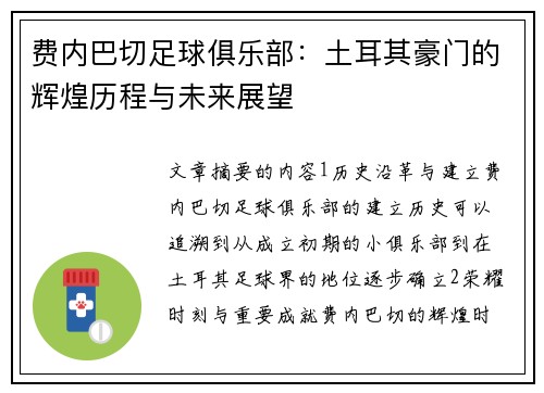 费内巴切足球俱乐部：土耳其豪门的辉煌历程与未来展望
