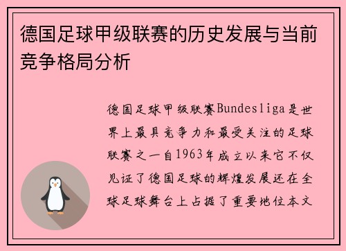 德国足球甲级联赛的历史发展与当前竞争格局分析