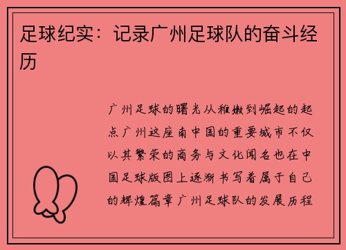 足球纪实：记录广州足球队的奋斗经历