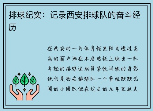 排球纪实：记录西安排球队的奋斗经历
