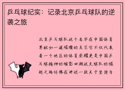 乒乓球纪实：记录北京乒乓球队的逆袭之旅